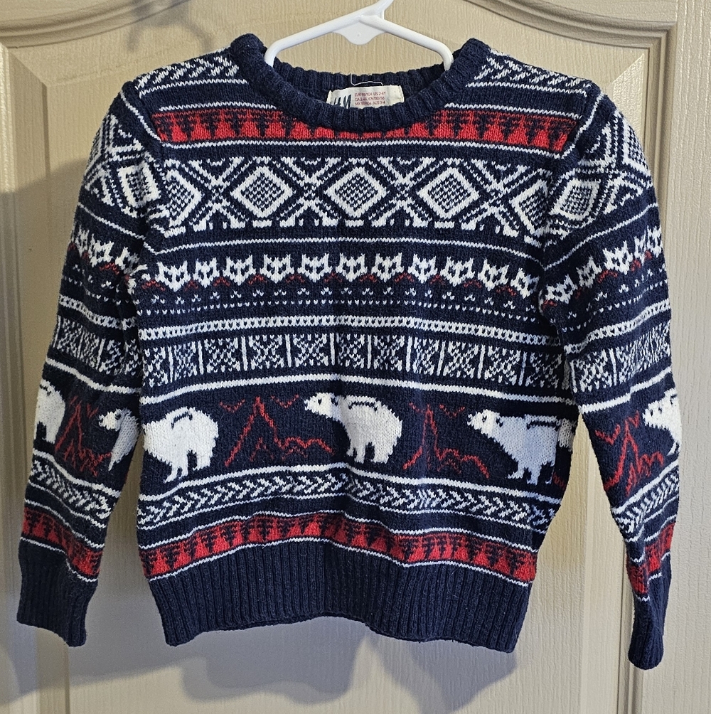 H & M Polar Bear Toddler Knitted Winter Sweater 2 To 4 Years Old 2T 4T Blue, Red
